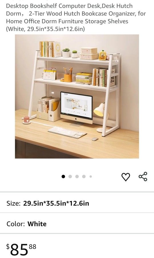 Desktop Bookshelf Computer Desk,Desk Hutch Dorm, 2-Tier Wood Hutch Bookcase Organizer, for Home Office Dorm Furniture Storage Shelves (White, 29.5in*3