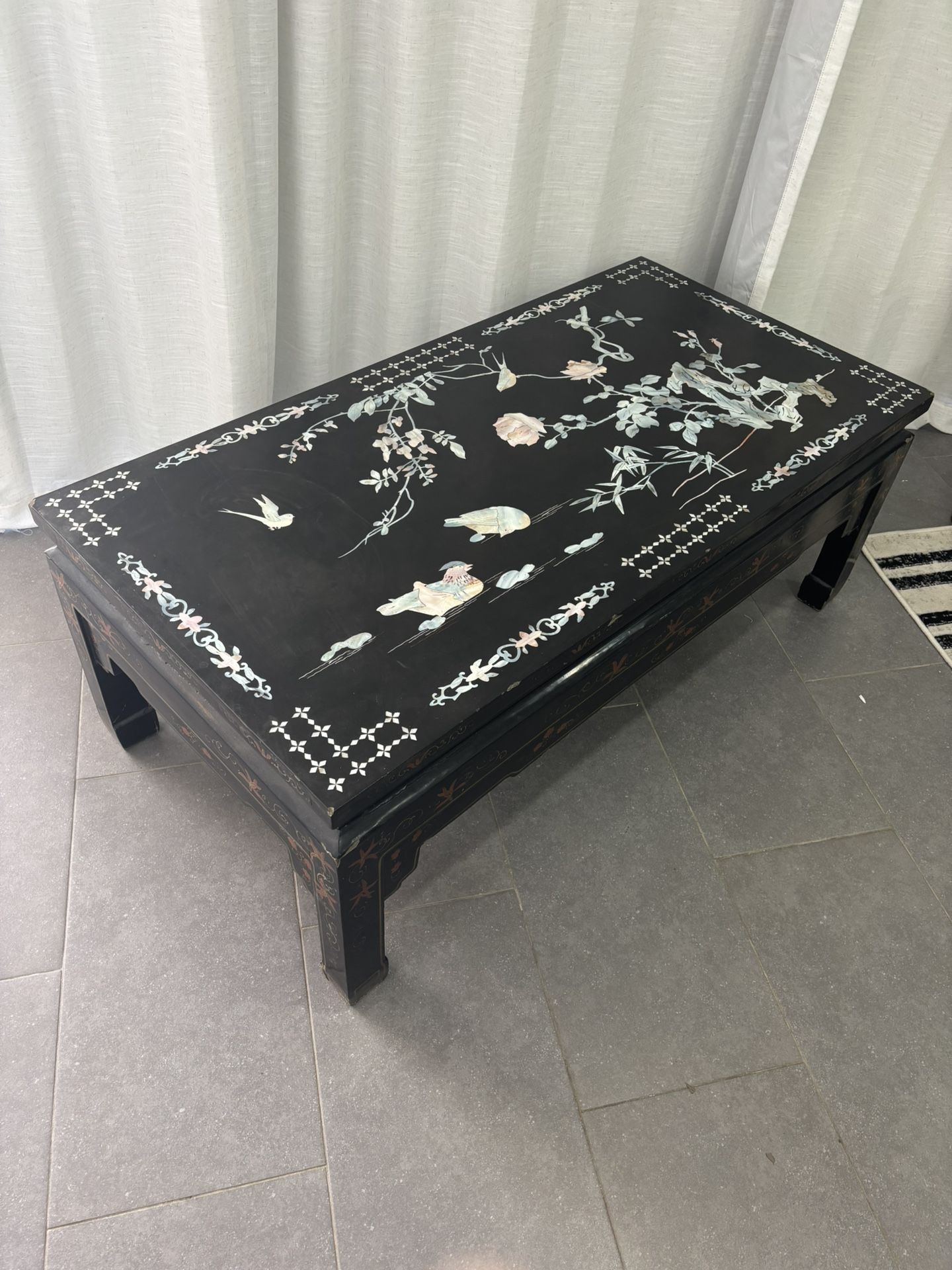 Beautiful Antique Black and Inlaid Mother of Pearl-looking Oriental Table