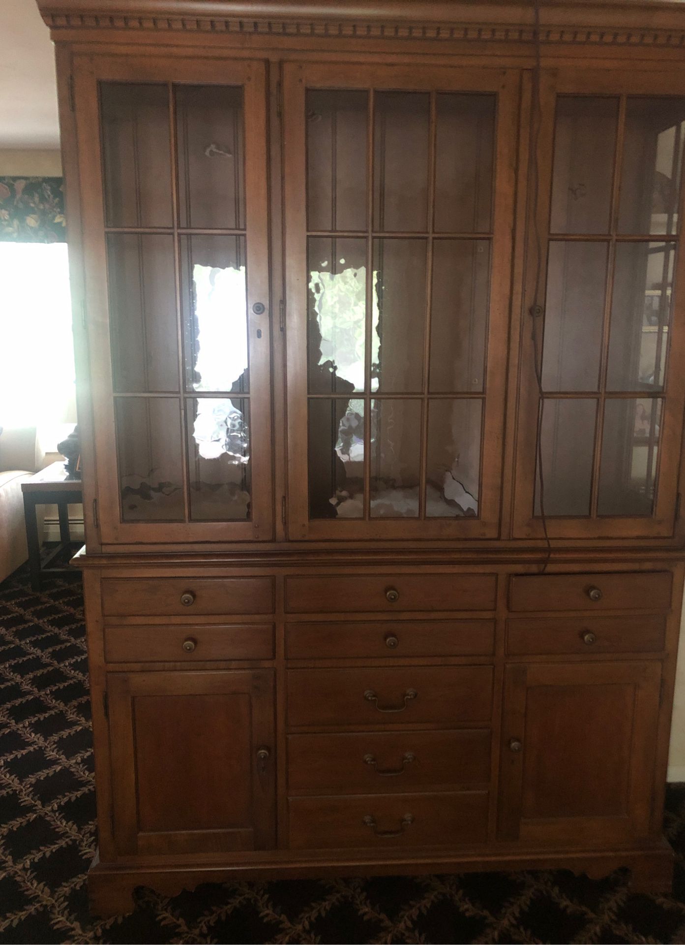 Breakfront, Drexel, glass shelve, included lights on all shelves. Includes 9 drawers and 2 cupboards. Dark maple finish. Great condition. Also have