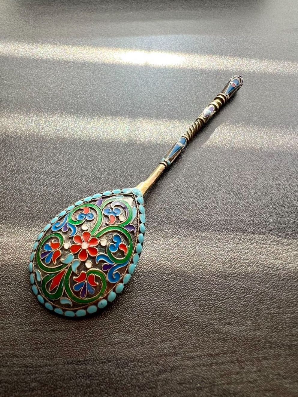 IMPERIAL RUSSIAN STERLING SILVER SPOON 84 JEWELED CLOISONNE ENAMEL RARE ANTIQUE EXCELLENT CONDITION