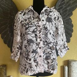 Allison Daley Petite Floral Mesh Button Up Blouse
