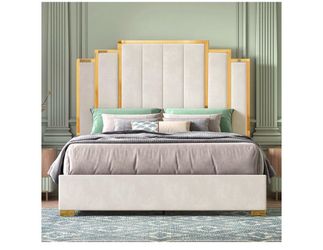 61” Queen Size Upholstered Bed Frame cream with Golden Plating Trim