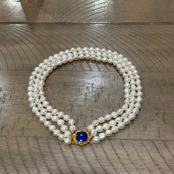 Triple-Strand Pearl Necklace with Blue and Gold Clasp