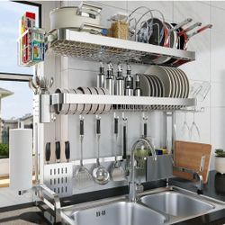 LIVOD Over The Sink Dish Drying Rack,3 Tier Adjustable Length Full Stainless Steel Large Storage Kit