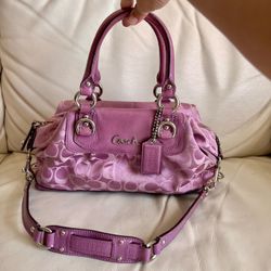 Coach F15443 Purple Pink Ashley Sateen Signature Satchel Handbag Shoulder Bag