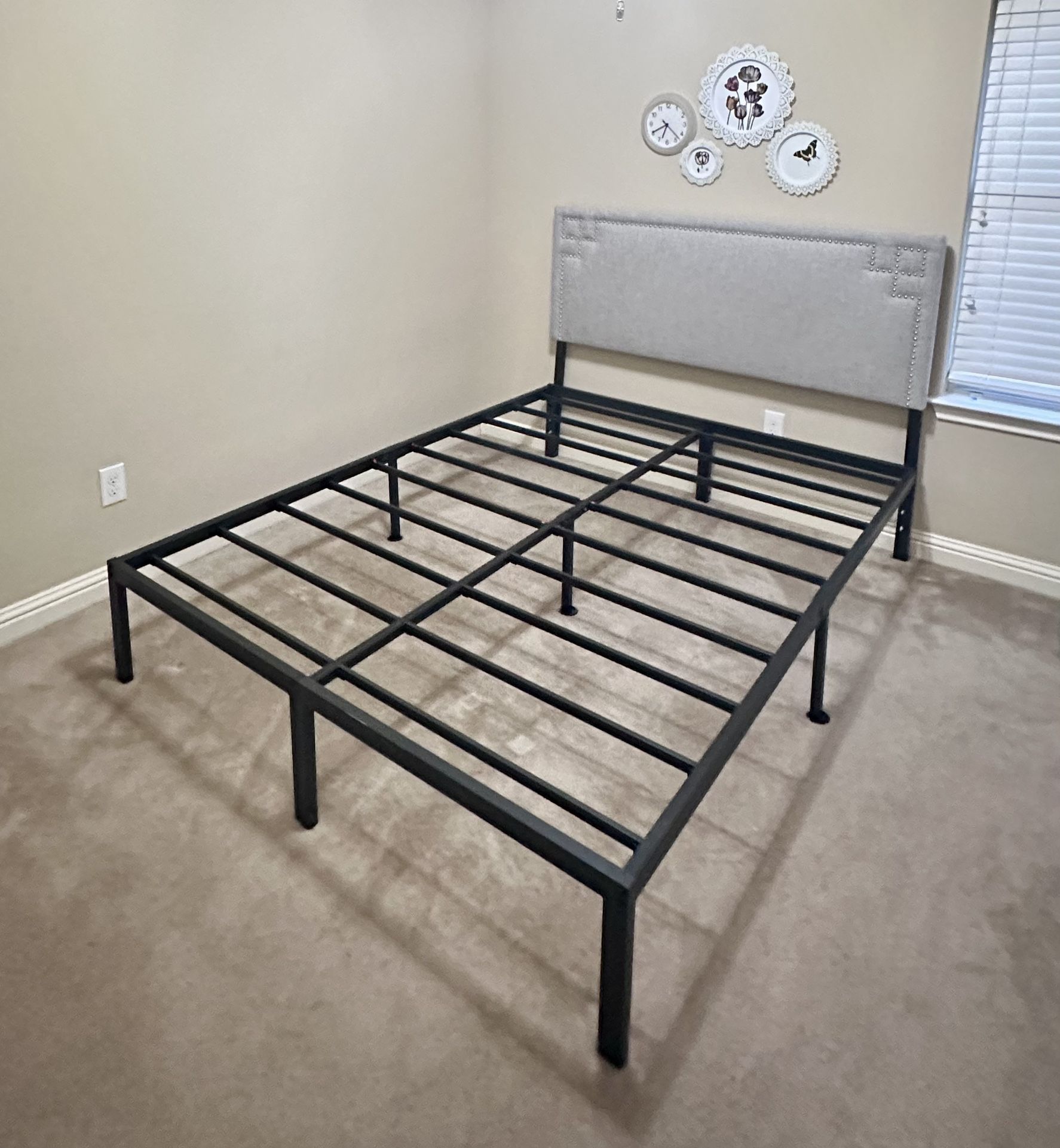 Queen Metal Bed Frame with Upholstered Gray Headboard