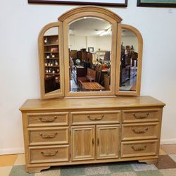 Vintage Oak Triple Dresser With Trifold Mirror By Stanley Furniture