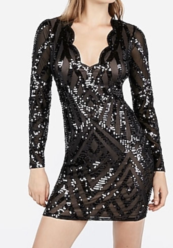 Express Scalloped V-Neck Sequin Black Dress:New! Size: XS