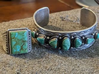 Sterling Silver Turquoise Cuff Bracelet and Ring Set