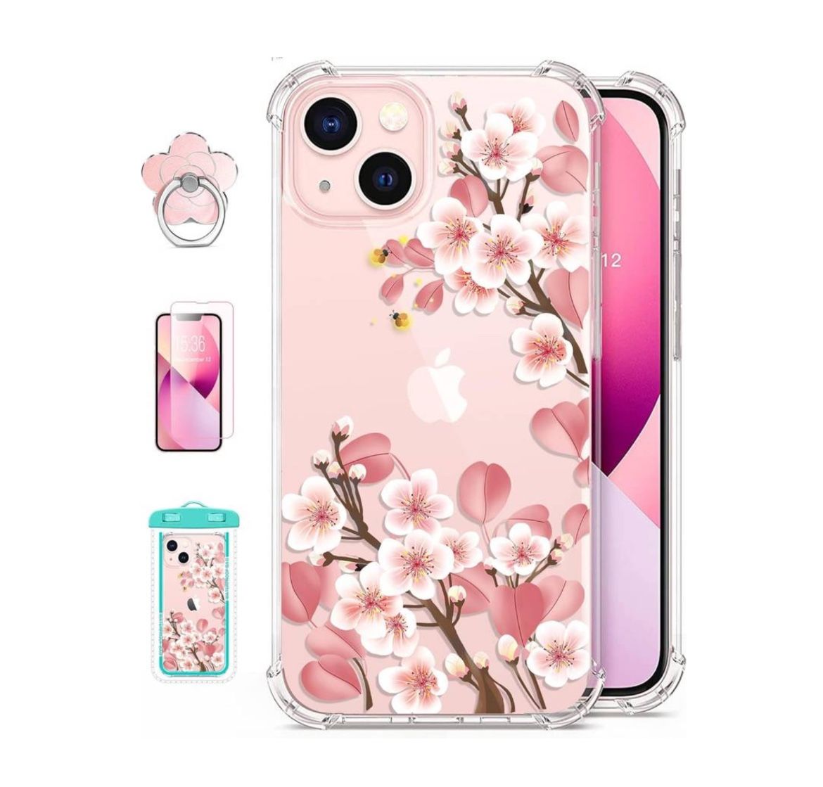 Nuevo   Designed for iPhone 13 Case with Screen Protector + Ring Holder + Waterproof Pouch, Clear with Floral Pattern Design, Soft&Flexible Bumper Sho