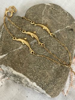 ANKLET 14K Yellow GOLD Aegean 3 Greek Dolphins , 9.5” extension to 10.5”, NEW