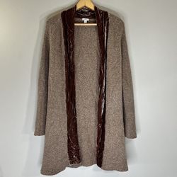 J. Jill Small Brown Merino Wool Silk Velvet Trim Duster Knit Cardigan Sweater 