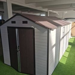 8x14x7.6 Ft Outdoor Resin Storage Shed with Windows, Strong Aluminum Frame & Floor for Garden, Backyard Organization (White+Brown)