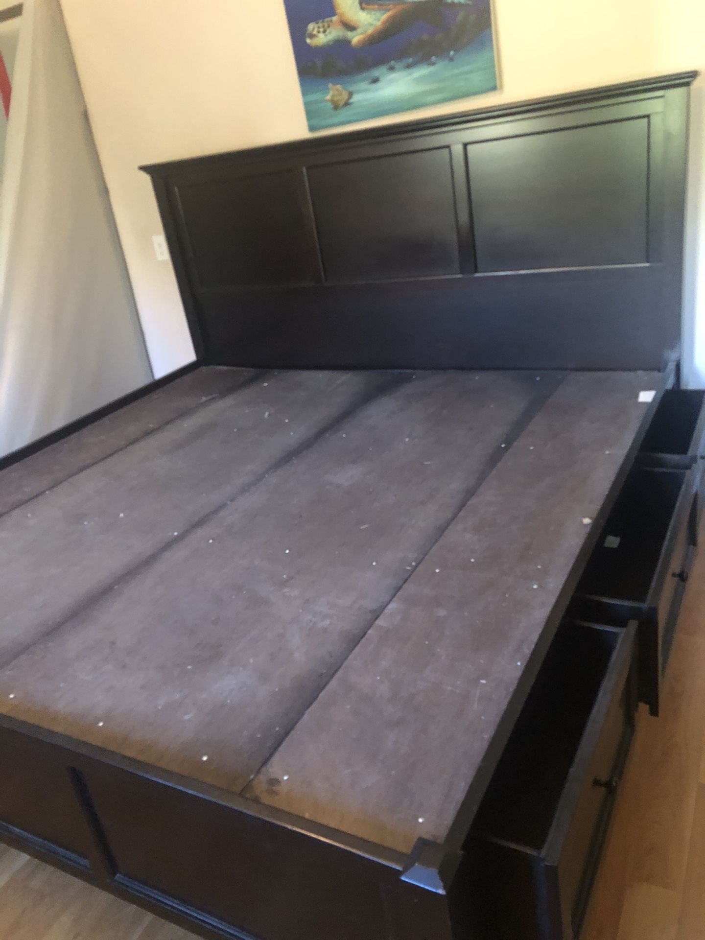 King size solid wood bed frame with 6 drawers on both sides of the bed