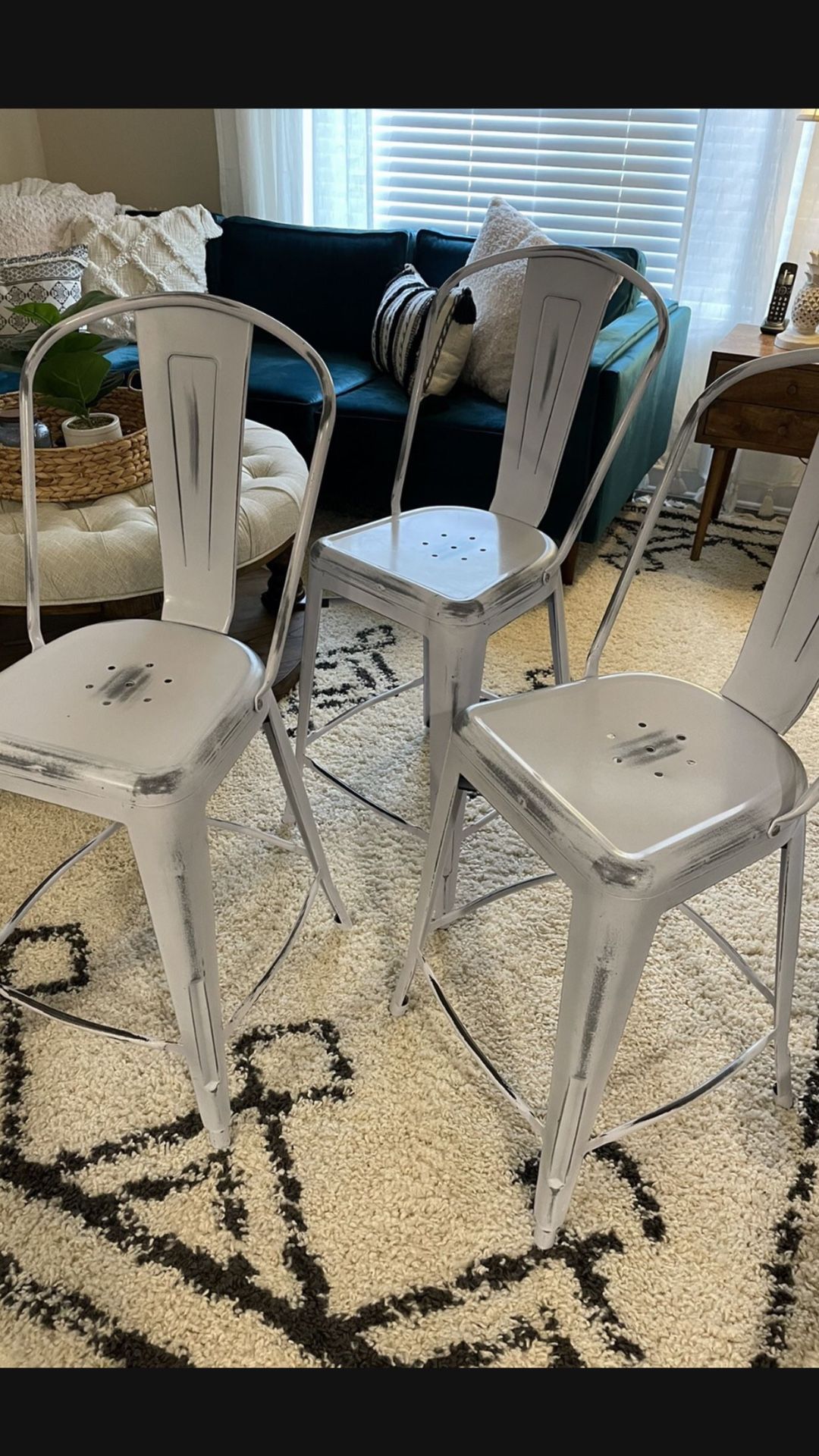 Distressed Finished White Metal Bar Stools Set of 3