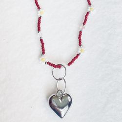 Necklace Choker Red Maroon White Daisy Flower Sterling Silver Circle Heart Charm