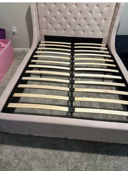 Blush Pink Upholstered Tufted Bed Frame & Mattress (Full Size)