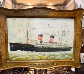 This is a vintage French Line "La Provence" Great Ocean Flyer tin lithograph advertising sign featuring a detailed image of the ocean liner