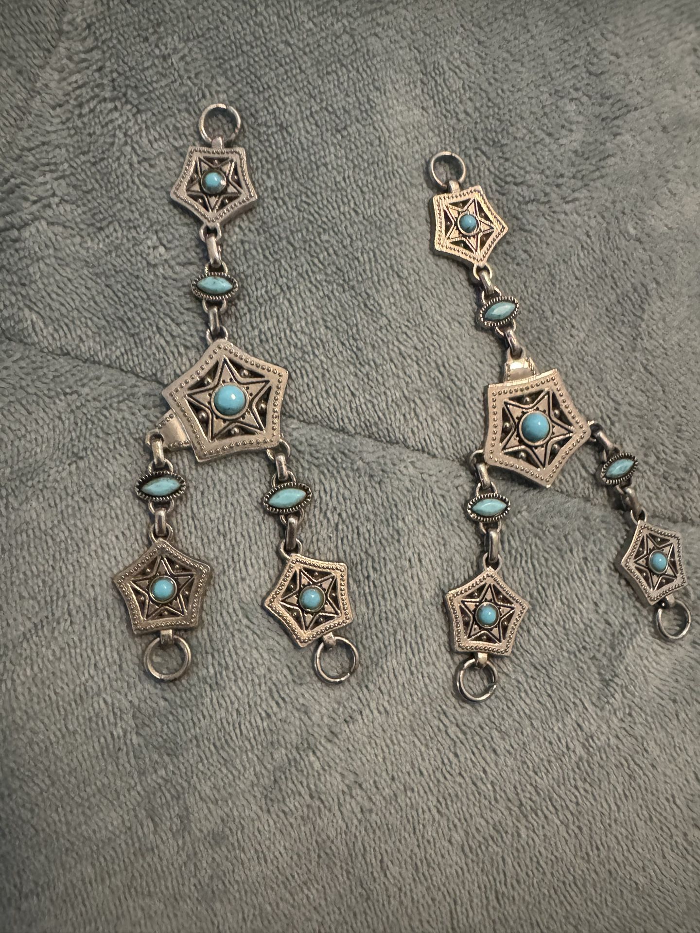 This is a pair of silver-tone jewelry links with faux turquoise stones