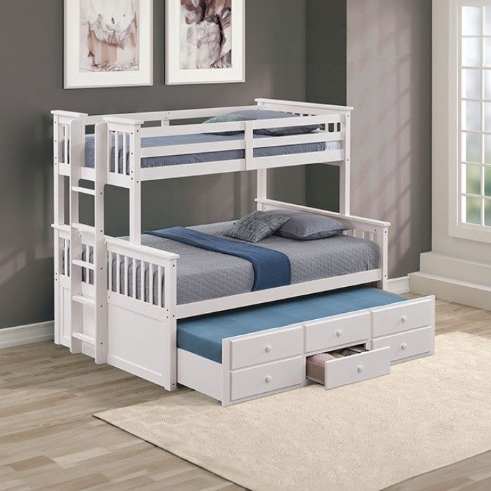 Brand New White Twin Over Full Bunk Bed w Trundle Bed + Drawers