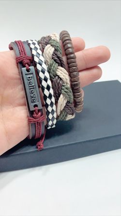 Adjustable Size up to 9.5inc Braided Multi-layer Leather Bracelet (Set of 4), Believe