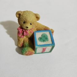 Vintage Cherished Teddies J Bear Figurine Holding Pink Box Green Heart