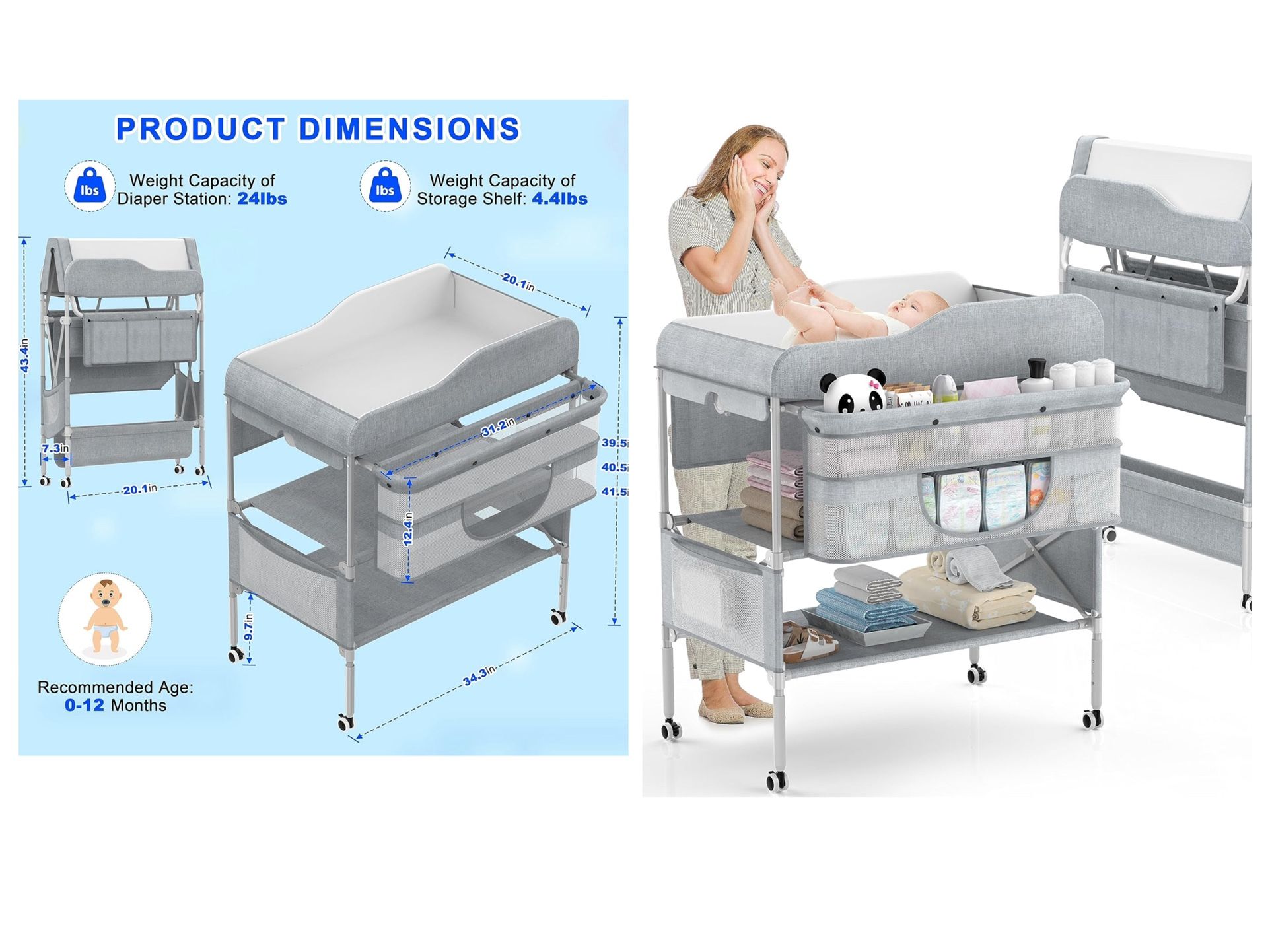 Portable Baby Changing Table, Foldable Changing Table Dresser Baby Changing Station, Height Adjustable Waterproof Diaper Changing Table Pad Topper, Ne