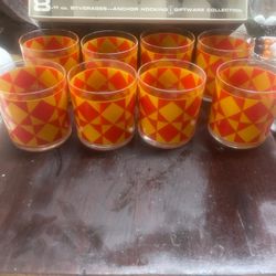 Vintage 1970s Abstract Anchor Hocking Set 8 Cocktail Glasses Glass Set 