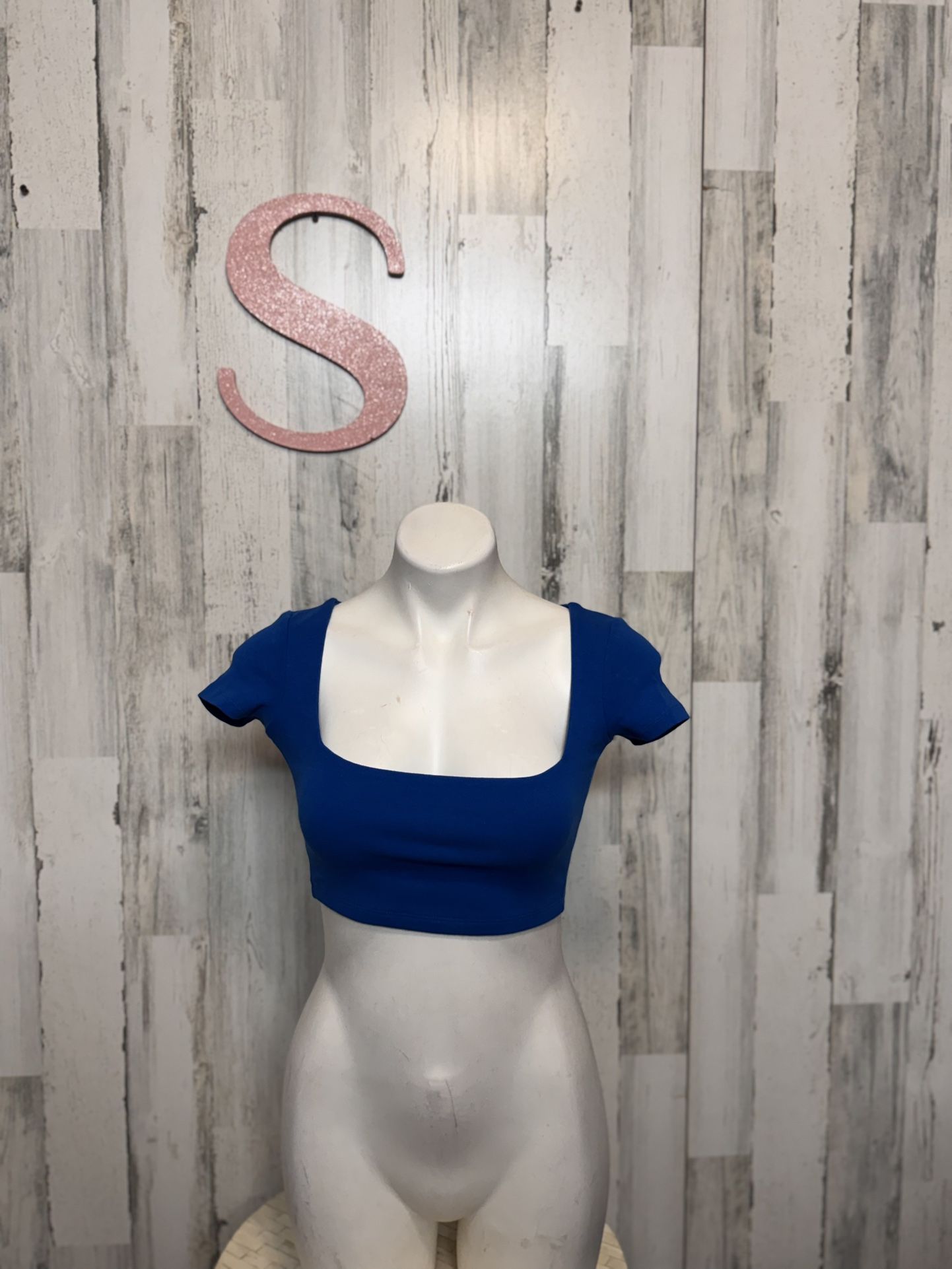 ZARA Blue Square Neck Crop Top Women’s Small  Short Sleeve Stretchy Basic NWT