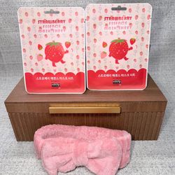 Strawberry Essence Face Masks & Pink Plush Bow Spa Headband 3 Piece Bundle