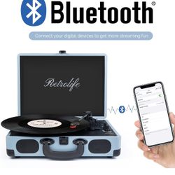  Vinyl Record Player 3-Speed Bluetooth Suitcase Portable Belt-Driven Record Player With Built-In Speakers RCA Line Out AUX In Headphone Jack Vintage T