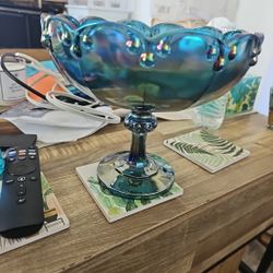 Indiana Glass Garland Blue Bowl Iridescent Compote Pedestal Fruit Bowl