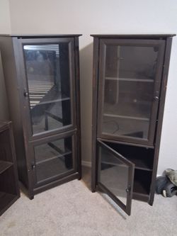 Pair of Tall Espresso & Glass Display Cabinets / Curio Shelves (Rustic Style)