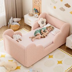 NAIZEA Toddler Bed, Child Bed Kids Teddy Fleece Fabric Standard Crib Toddler Bed pink