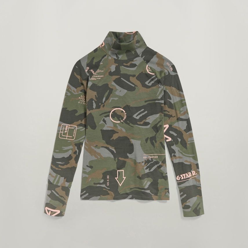 G Star NWT Lecite Mock Turtleneck Long sleeve Green Camo Pink Accents MSRP $60
