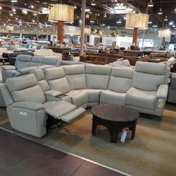 Leather 6-Piece Power Reclining Sectional — Moto Motion "Teller" (Light Grey)