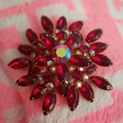 Large Stunning Aurora borealis ruby colored floral brooch