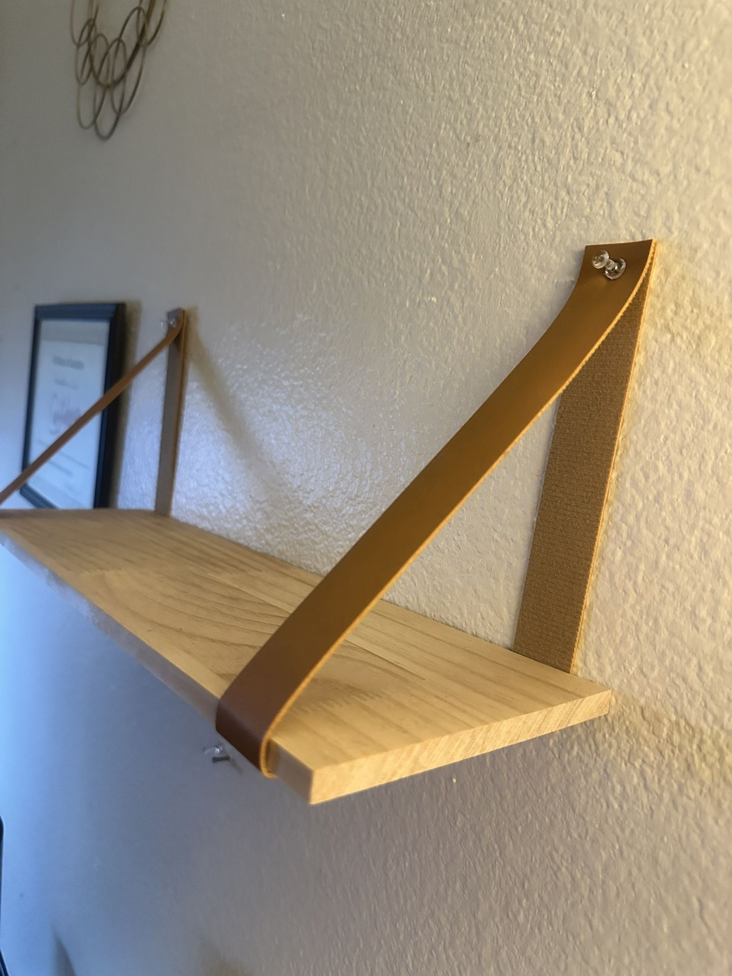 Modern Floating Shelf with Caramel Leather Straps