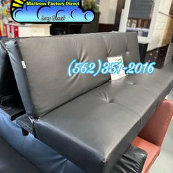 Foldable Black Leather Futon Couch 