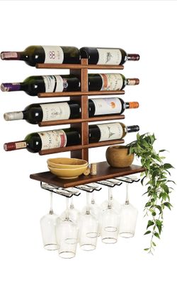 Wall-Mounted Wine Rack + Glass Holder + Shelf (Holds 8 Bottles & 8 Glasses)
