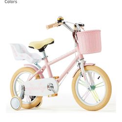 HOMMOW Pink Kids Bike 12 inch with Training Wheels Basket Doll Seat