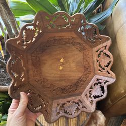 Vintage Brown Wood India Hand Carved Tray Basket Floral Inlay Bowl Stacking Nesting Intricate Decor