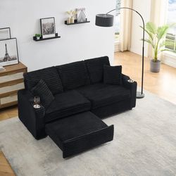 An 80-inch two-in-one pull-out, foldable and hidden chaise longue black corduroy sofa with cup holders and pillows, which is suitable for the living r