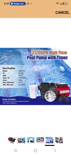 CIPU 1/2 HP Pool Pump with Timer, 3120 GPH Above Ground Pool Pump