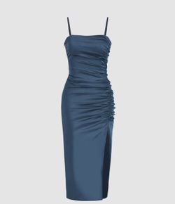 Solid Satin Ruched Split Midi Cami Dress