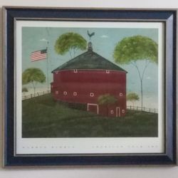 Warren Kimble American Folk Art framed print "Round Barn" in great condition.