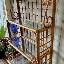 Vintage Boho Large Bamboo Etagere Bookcase Bakers Rack Three Shelf Glass MCM