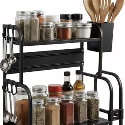 Kitchen Organizer with Side Utensil Holder, Multi-Functional Countertop Storage Rack with Hooks for Spice Bottles, Cooking Tools and Kitchen Essential