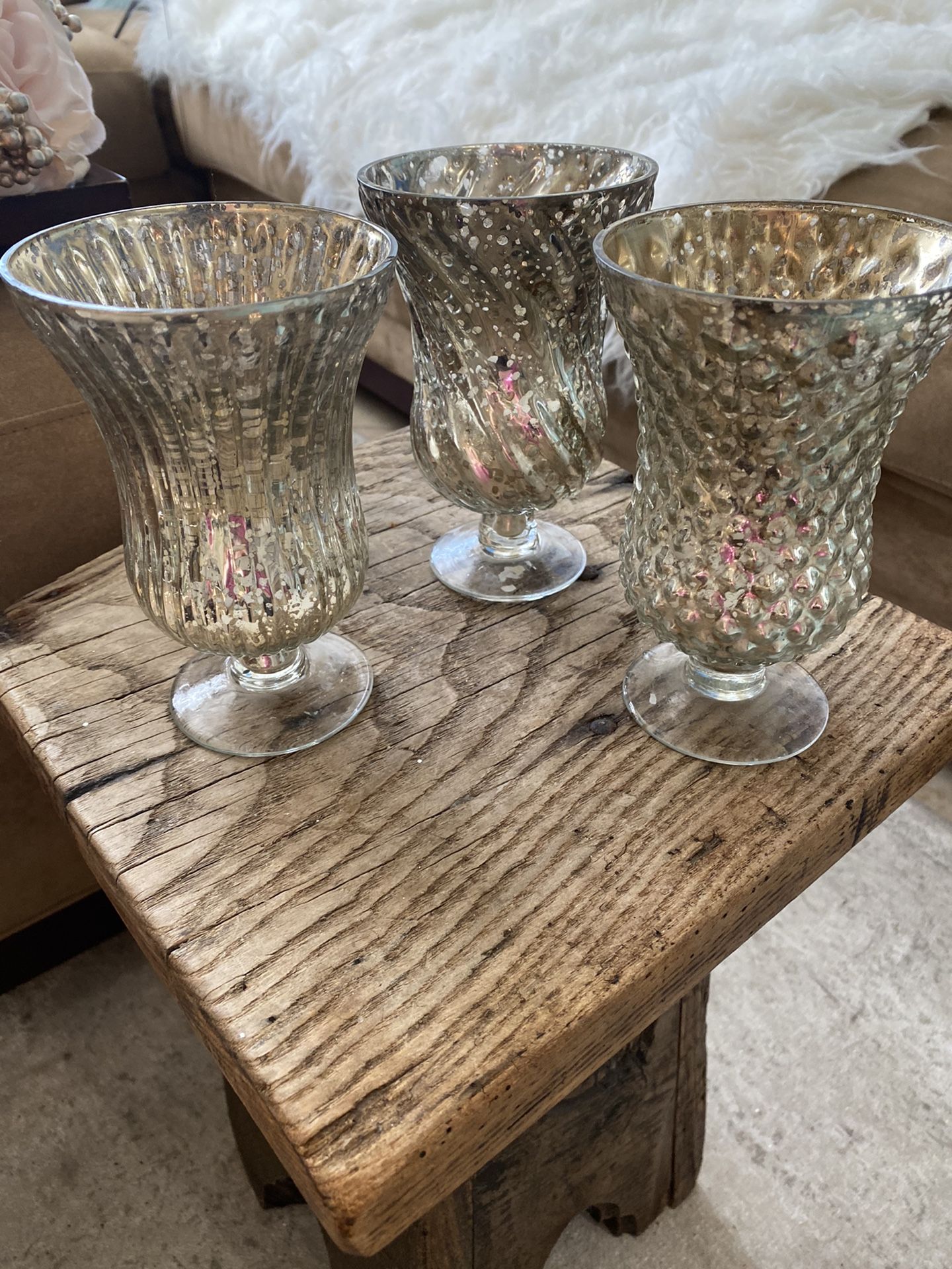 Set of 3 silver mercury glass candle holders/goblets