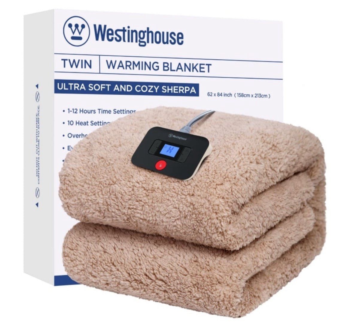 Westinghouse Electric Blanket Twin Size, Soft Plush Sherpa Heated Blanket With 10 Heating Levels & 1-12 Hours Auto-Off, Machine Washable, 62x84 Inches